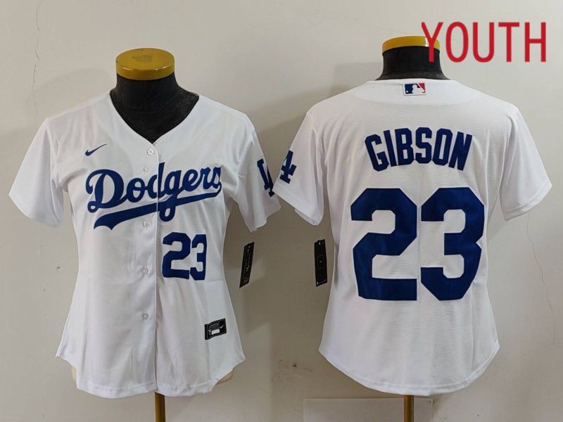 Youth Los Angeles Dodgers 23 Gibson White Nike Game 2024 MLB Jersey style 4